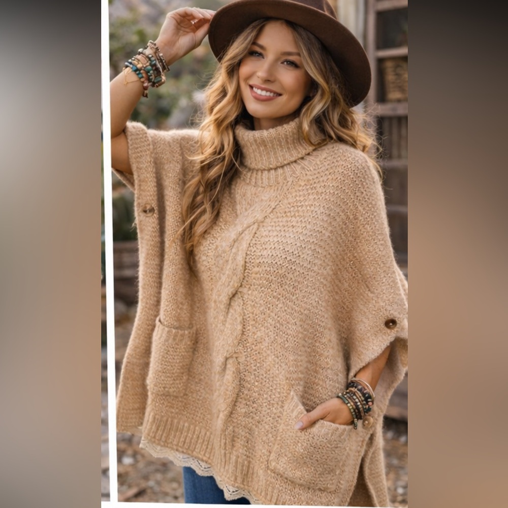 🆕 EASEL Cozy Cable Knit Turtleneck Sweater Poncho with trim